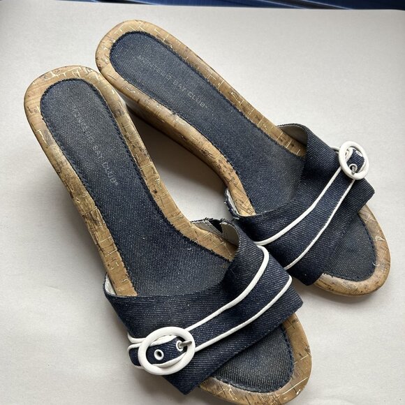 Montego Bay Club Denim Buckle Low Wedge Sandals Women's Size 9 WIDE 9W - Picture 1 of 7